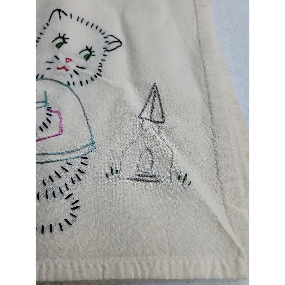 Vintage Cat Embroidered Tea Towels Kitchen Decor Linen  Kitten Going To Church